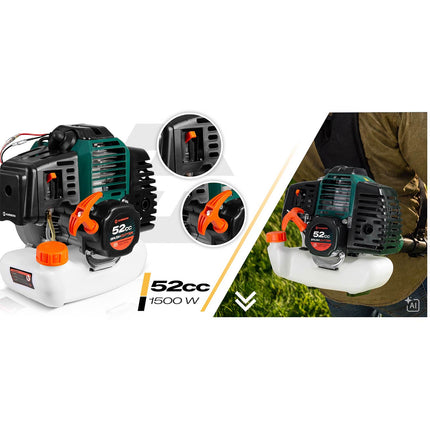 Benzin-buskrydder 52 cc, 1500 W, 2-takt med tilbehørssæt, værn, seler og olie – grøn
