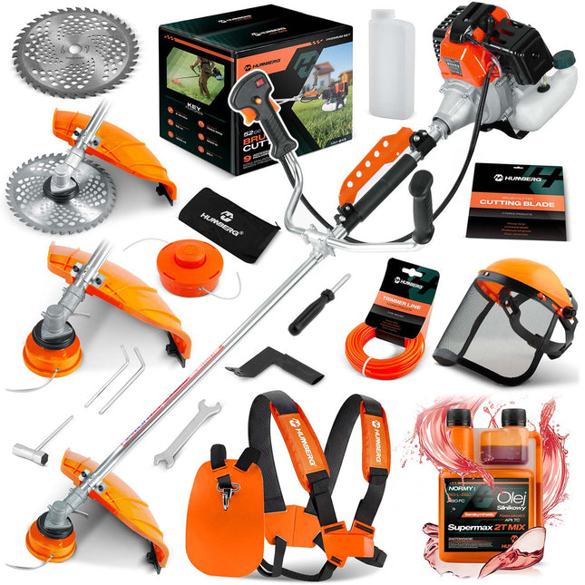 Benzin-buskrydder 52 cc, 1500 W, 2-takt med trimmerhoved, hårdmetalskive, seler og olie