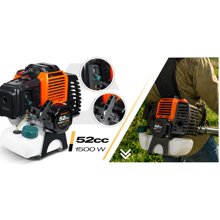 Benzin-buskrydder 52 cc, 1500 W, 2-takt med trimmerhoved, hårdmetalskive, seler og olie