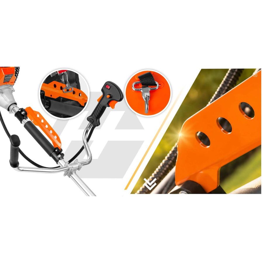 Benzin-buskrydder 52 cc, 1500 W, 2-takt med trimmerhoved, hårdmetalskive, seler og olie
