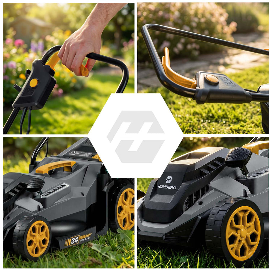 Elektrisk plæneklipper 1400 W med 34 cm klippebredde, 5 klippehøjder og 30 l opsamler – grå