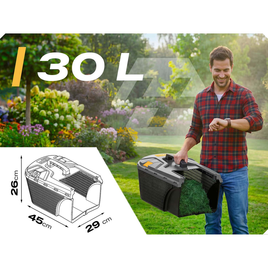 Elektrisk plæneklipper 1400 W med 34 cm klippebredde, 5 klippehøjder og 30 l opsamler – grå