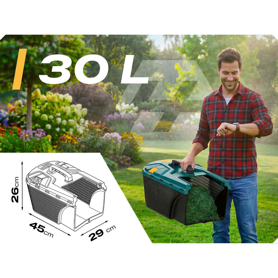 Elektrisk plæneklipper 1400 W med 34 cm klippebredde, 5 klippehøjder og 30 l opsamler – grøn