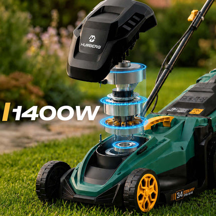 Elektrisk plæneklipper 1400 W med 34 cm klippebredde, 5 klippehøjder og 30 l opsamler – grøn