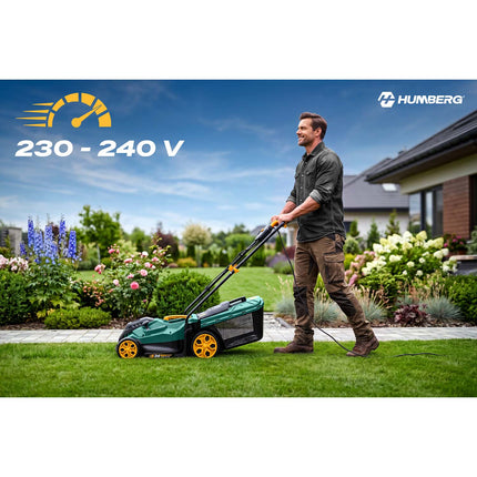 Elektrisk plæneklipper 1400 W med 34 cm klippebredde, 5 klippehøjder og 30 l opsamler – grøn