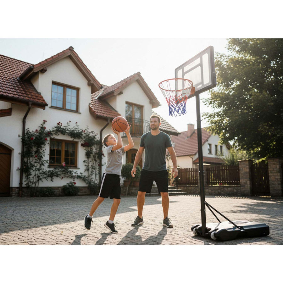 Basketballstander 150–210 cm med justerbar højde, 38 cm kurv og hjul – til børn og voksne