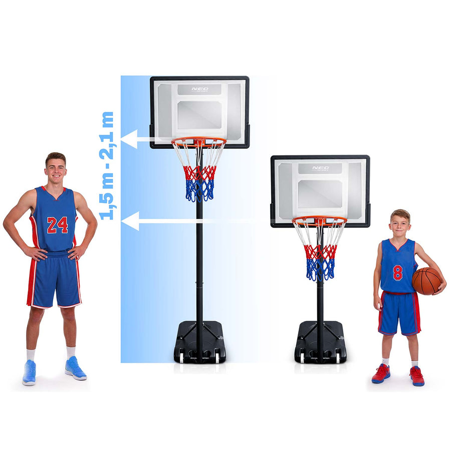 Basketballstander 150–210 cm med justerbar højde, 38 cm kurv og hjul – til børn og voksne