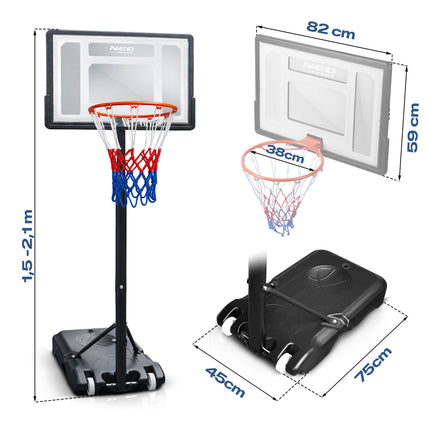 Basketballstander 150–210 cm med justerbar højde, 38 cm kurv og hjul – til børn og voksne