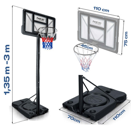 Basketballstander 135–305 cm med justerbar højde, 45 cm affjedret kurv og hjul