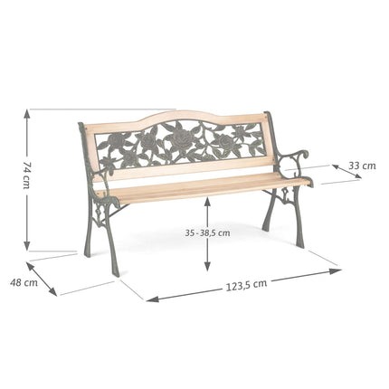 Bænk med ryglæn til haven, terrassen eller verandaen - elegant trædesign med blomsterdekorationer