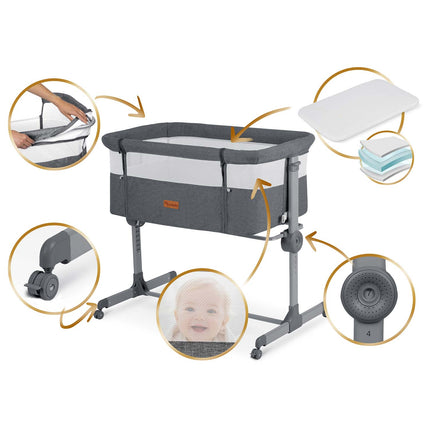 Foldbar sideseng til baby med højdejustering og sikkerhedsremme - Ideel til natfodring og tryg søvn