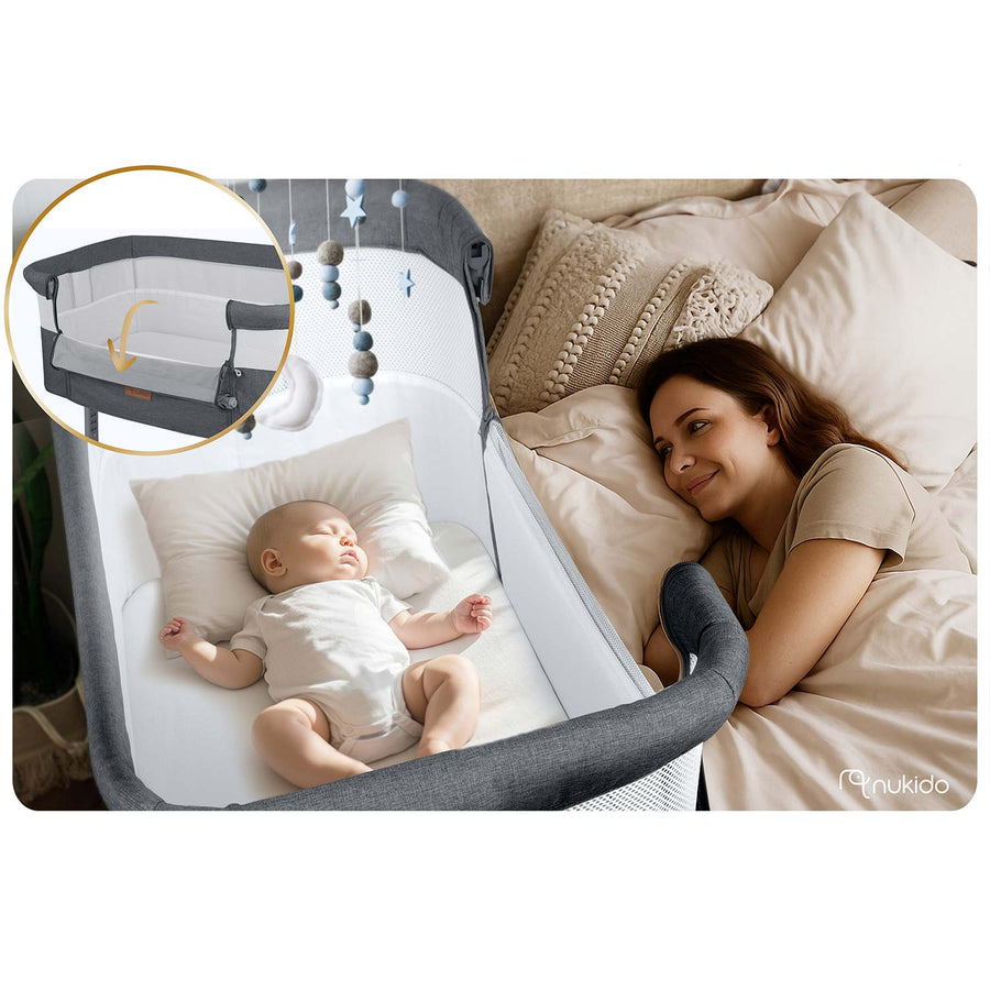 Foldbar sideseng til baby med højdejustering og sikkerhedsremme - Ideel til natfodring og tryg søvn