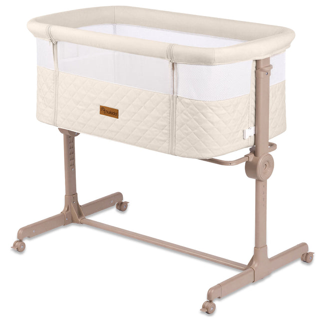 Foldbar co-sleeper babyseng med 7-trins højderegulering, hjul med bremse og madras