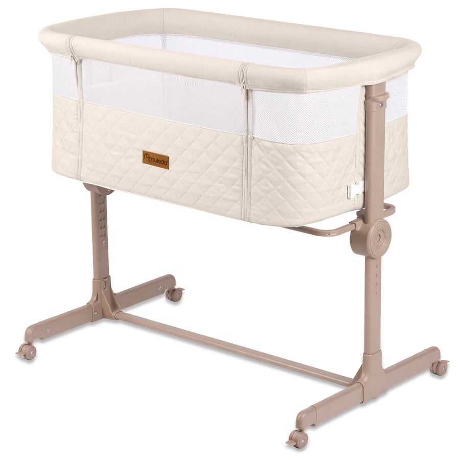 Foldbar co-sleeper babyseng med 7-trins højderegulering, hjul med bremse og madras