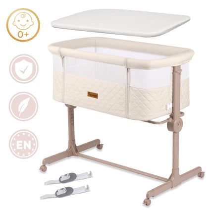 Foldbar co-sleeper babyseng med 7-trins højderegulering, hjul med bremse og madras