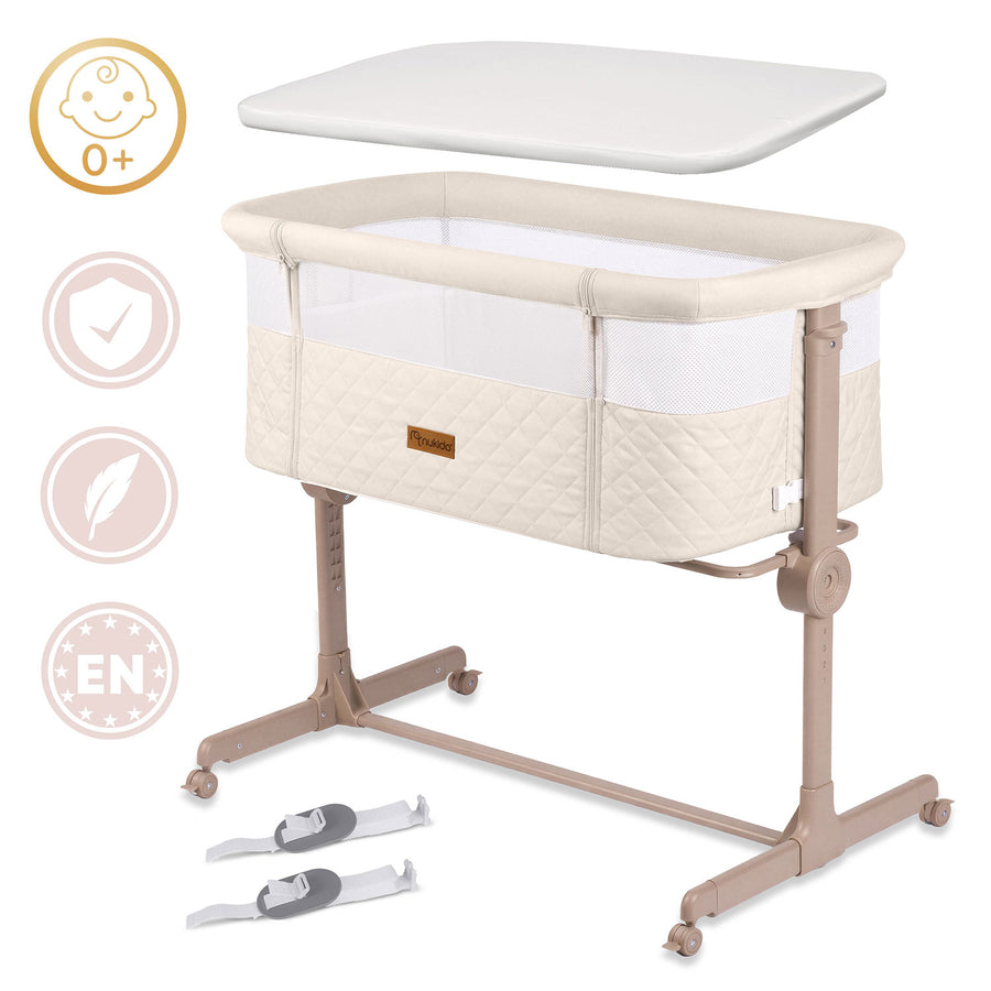 Foldbar co-sleeper babyseng med 7-trins højderegulering, hjul med bremse og madras