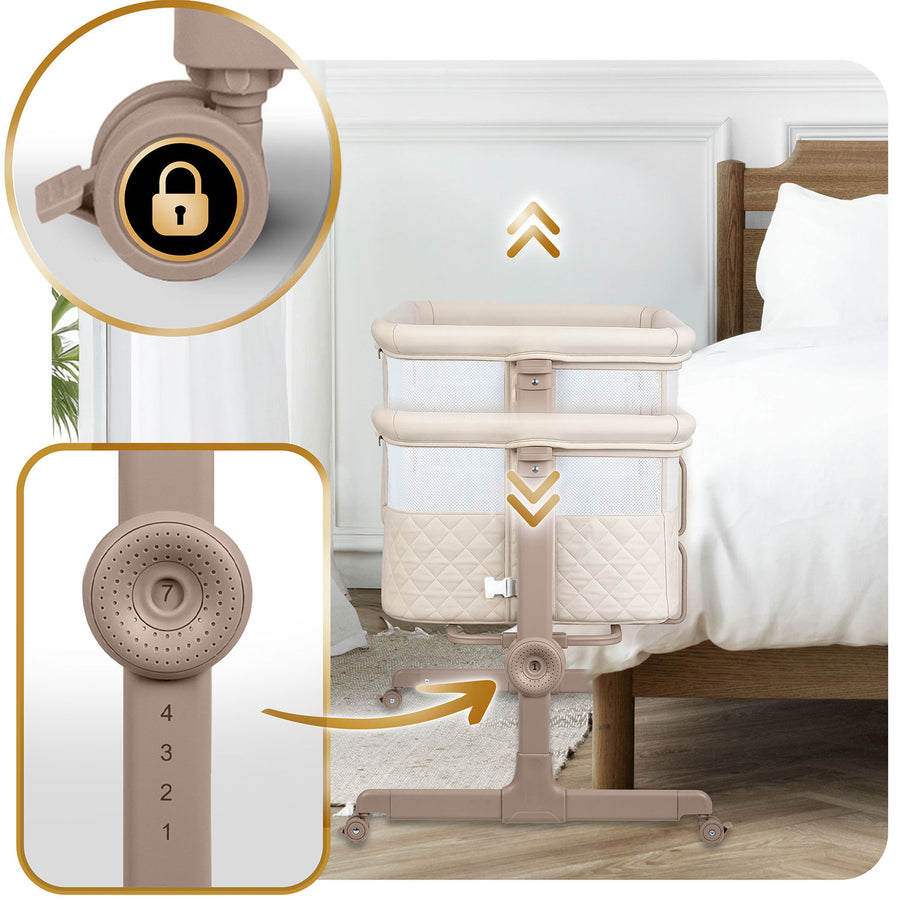 Foldbar co-sleeper babyseng med 7-trins højderegulering, hjul med bremse og madras