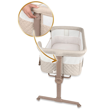 Foldbar co-sleeper babyseng med 7-trins højderegulering, hjul med bremse og madras