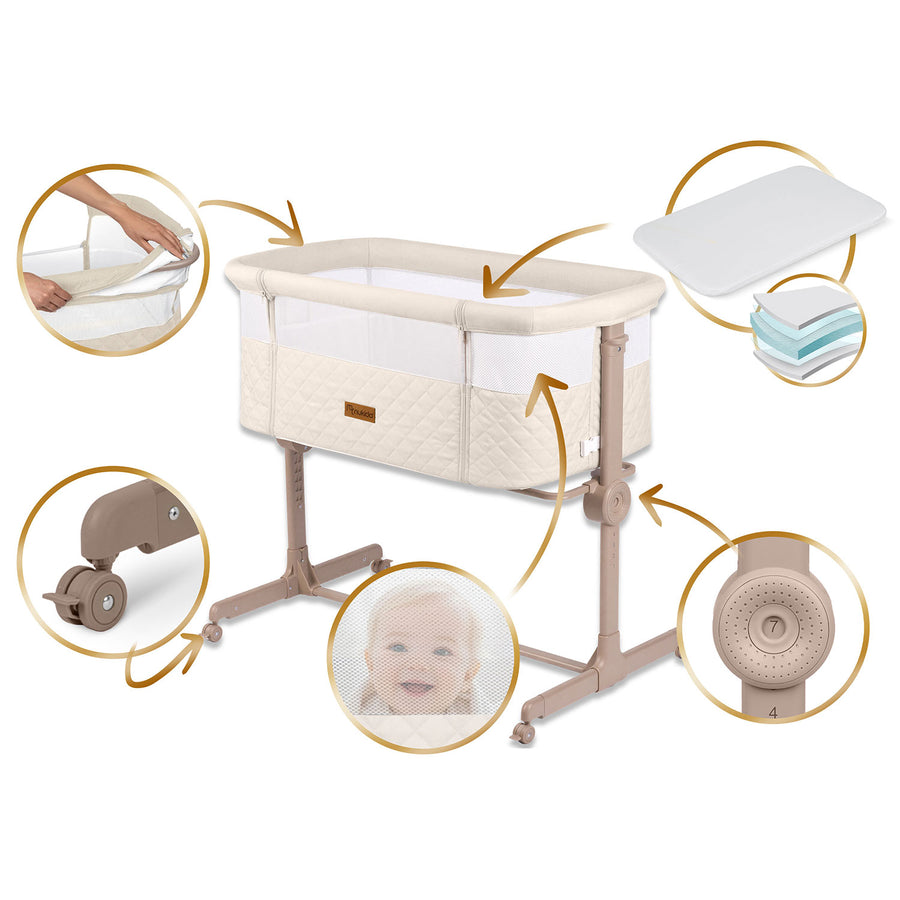 Foldbar co-sleeper babyseng med 7-trins højderegulering, hjul med bremse og madras