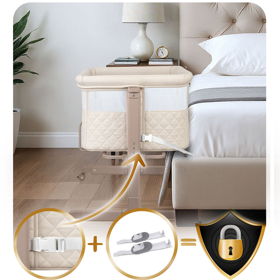 Foldbar co-sleeper babyseng med 7-trins højderegulering, hjul med bremse og madras