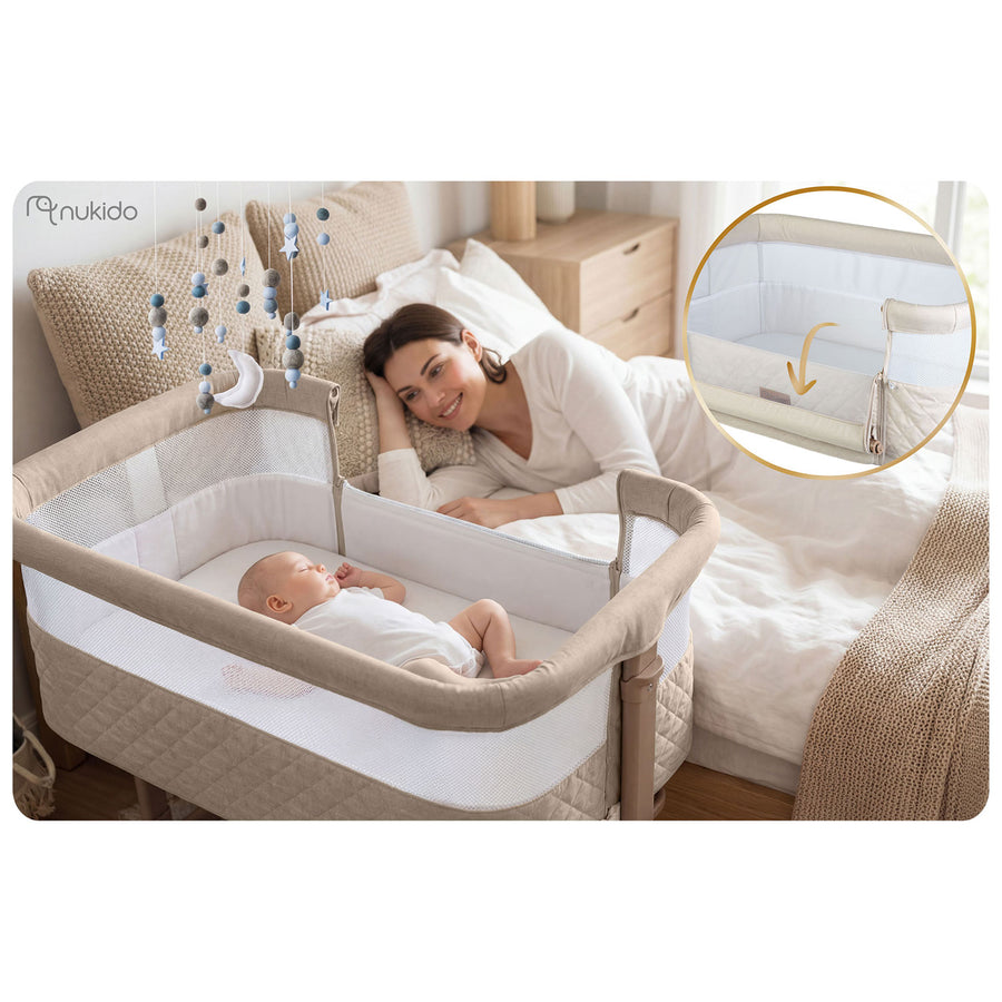 Foldbar co-sleeper babyseng med 7-trins højderegulering, hjul med bremse og madras