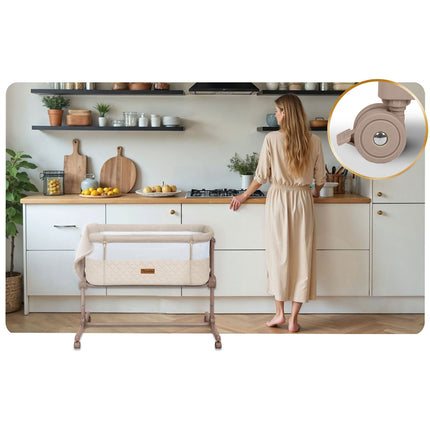 Foldbar co-sleeper babyseng med 7-trins højderegulering, hjul med bremse og madras