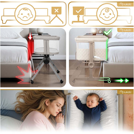 Foldbar co-sleeper babyseng med 7-trins højderegulering, hjul med bremse og madras