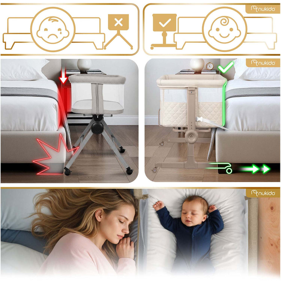Foldbar co-sleeper babyseng med 7-trins højderegulering, hjul med bremse og madras