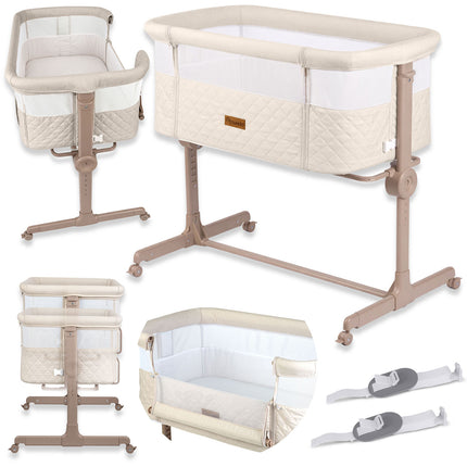 Foldbar co-sleeper babyseng med 7-trins højderegulering, hjul med bremse og madras