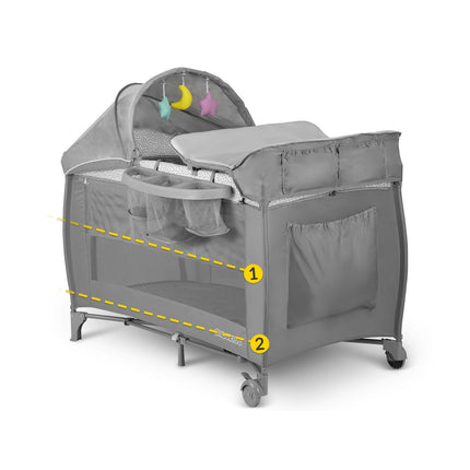 Rejseseng 125x65x78 cm - Praktisk og sikker til børn, foldbar med myggenet og puslebord