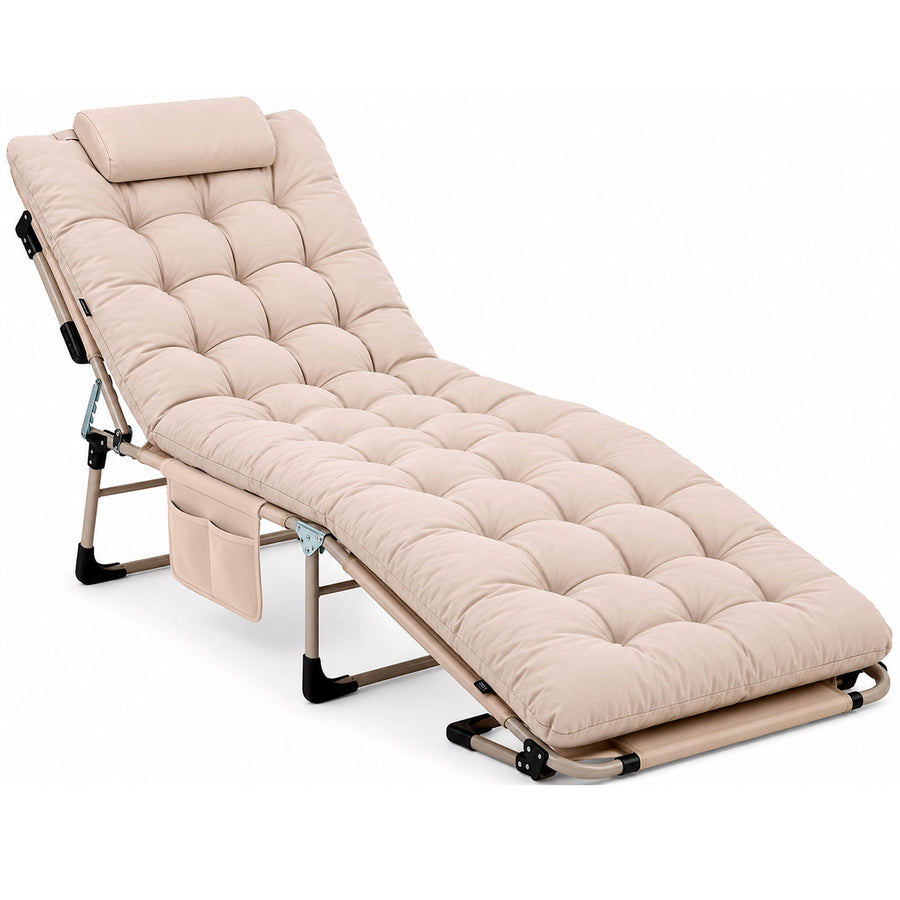 Foldbar campingseng og liggestol med madras, pude og 5-trins ryglæn – beige