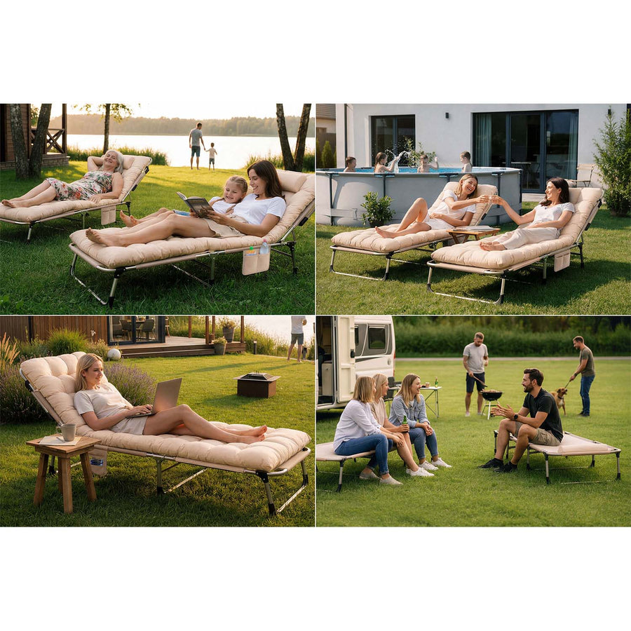 Foldbar campingseng og liggestol med madras, pude og 5-trins ryglæn – beige