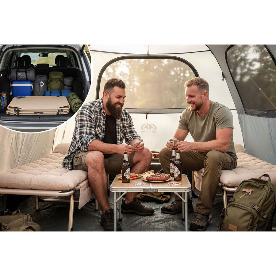 Foldbar campingseng og liggestol med madras, pude og 5-trins ryglæn – beige