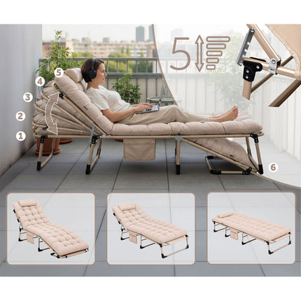 Foldbar campingseng og liggestol med madras, pude og 5-trins ryglæn – beige