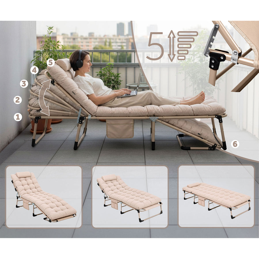 Foldbar campingseng og liggestol med madras, pude og 5-trins ryglæn – beige
