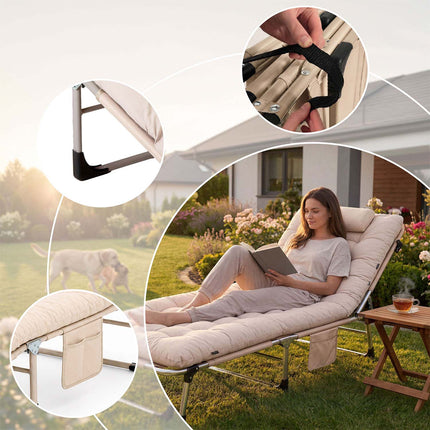 Foldbar campingseng og liggestol med madras, pude og 5-trins ryglæn – beige