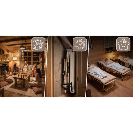 Foldbar campingseng og liggestol med madras, pude og 5-trins ryglæn – beige