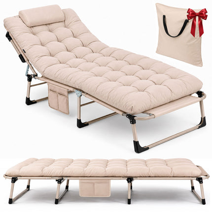 Foldbar campingseng og liggestol med madras, pude og 5-trins ryglæn – beige