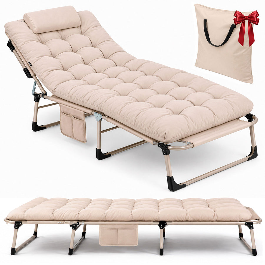 Foldbar campingseng og liggestol med madras, pude og 5-trins ryglæn – beige