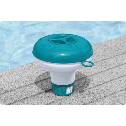 Lille flydende dispenser til poolkemikalier med justerbar dosering - perfekt til vedligeholdelse af din havepool