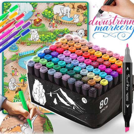 Kreativt tusch-sæt med 80 alkoholmarkører og malemåtte 90 x 120 cm - perfekt til børn og voksne!