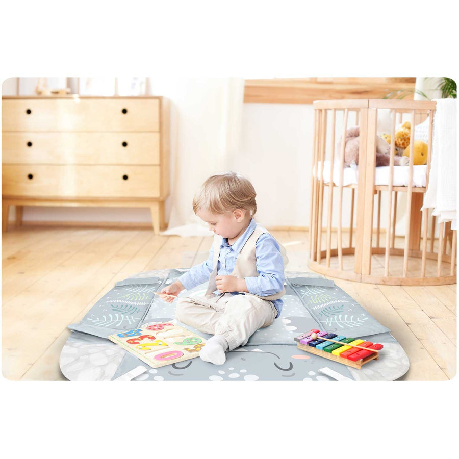 Interaktiv 3-i-1 lege måtte til baby med multifunktionelt legetøj og gratis pude - 110 x 100 cm
