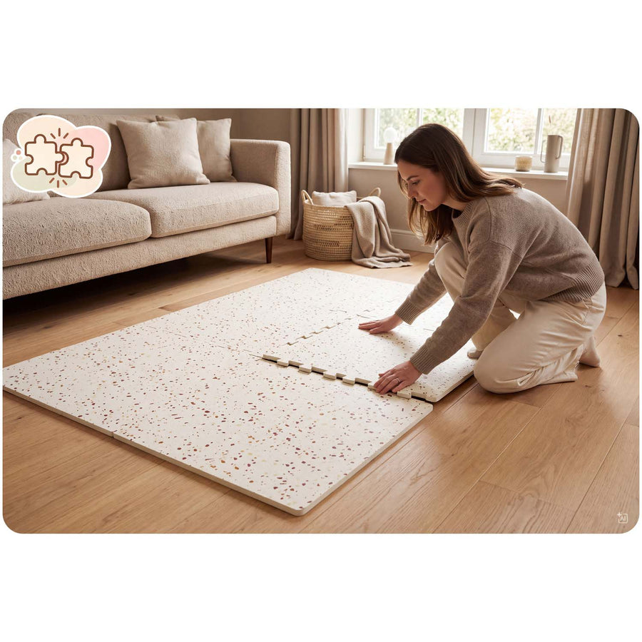 Skumpuslemåtte til børn 175 x 118 cm – 6 store puslebrikker, 1,3 cm tyk, beige