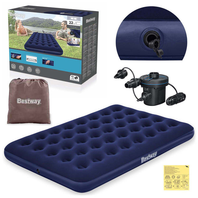Dobbelt luftmadras 191 x 137 x 22 cm med elektrisk pumpe og velouroverflade – Bestway