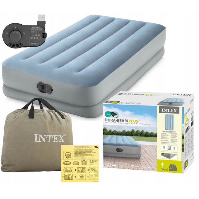 Luftmadras i velour 191 x 99 x 36 cm til 1 person med indbygget USB-pumpe, op til 136 kg – Intex