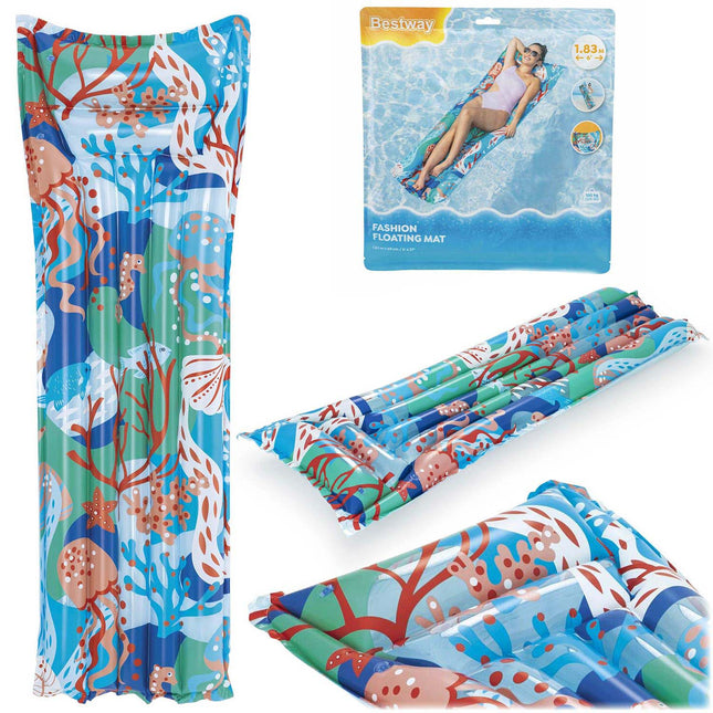 Oppustelig strandmadras 183 x 69 cm med to luftkamre, koralmotiv og reparationslap – Bestway