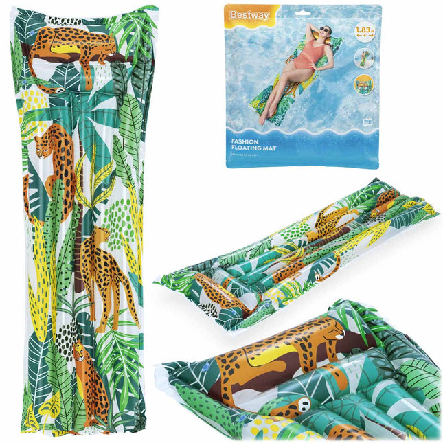 Oppustelig strandmadras 183 x 69 cm med to luftkamre, junglemotiv og reparationslap – Bestway