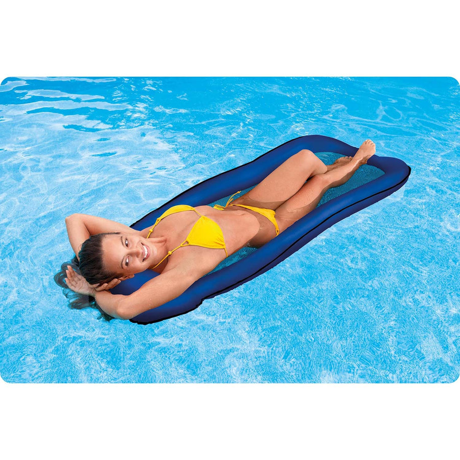 Oppustelig strandmadras med netbund 178 x 94 cm og indbygget pude – blå – Intex