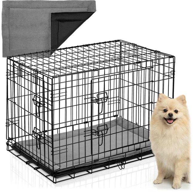 Foldbart hundebur i metal med 2 døre og hundeseng – 75 x 45 x 54 cm (S)