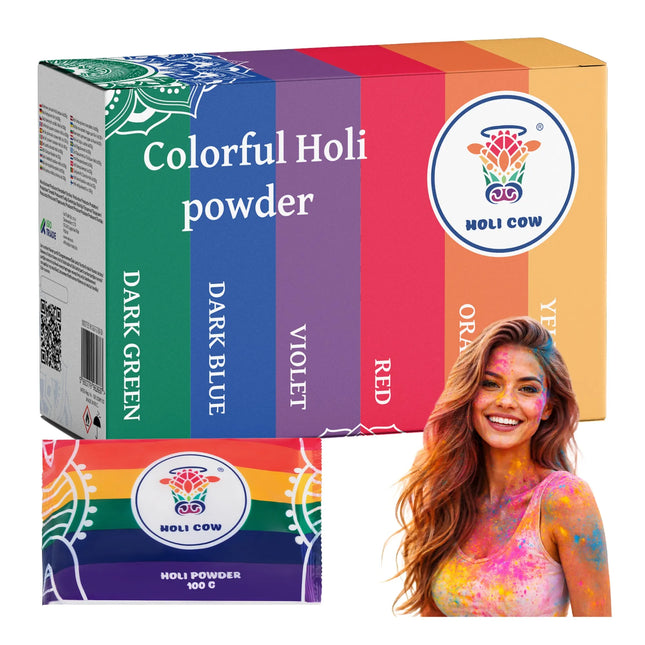 Farvet Holi-pulver, sæt med 6 x 100 g, Holi Cow
